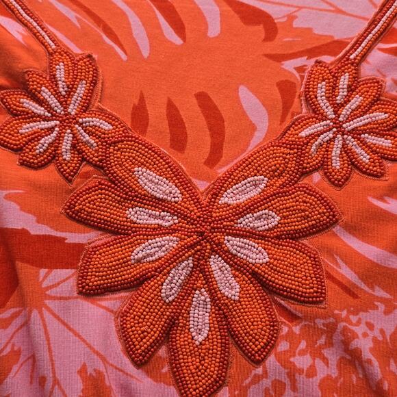 MF Soft Surroundings Floral Orange Pink Del Rio Tunic Top NWT Size XL 18 Beaded - Picture 3 of 13